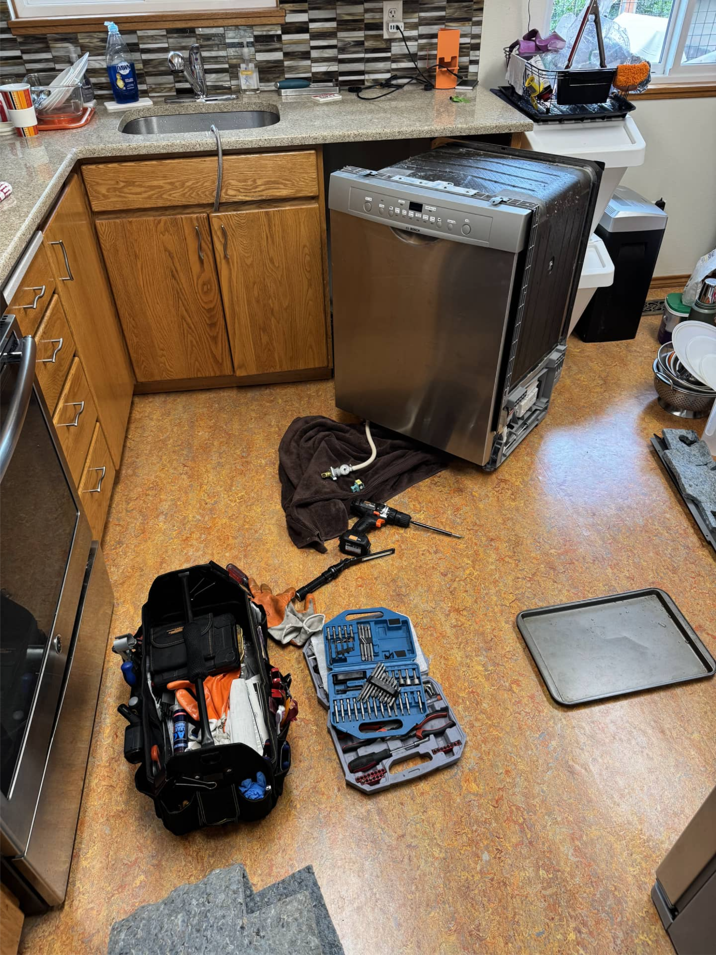 Bosch dishwasher pulled out for water valve replacement and leak diagnostics in Gresham OR