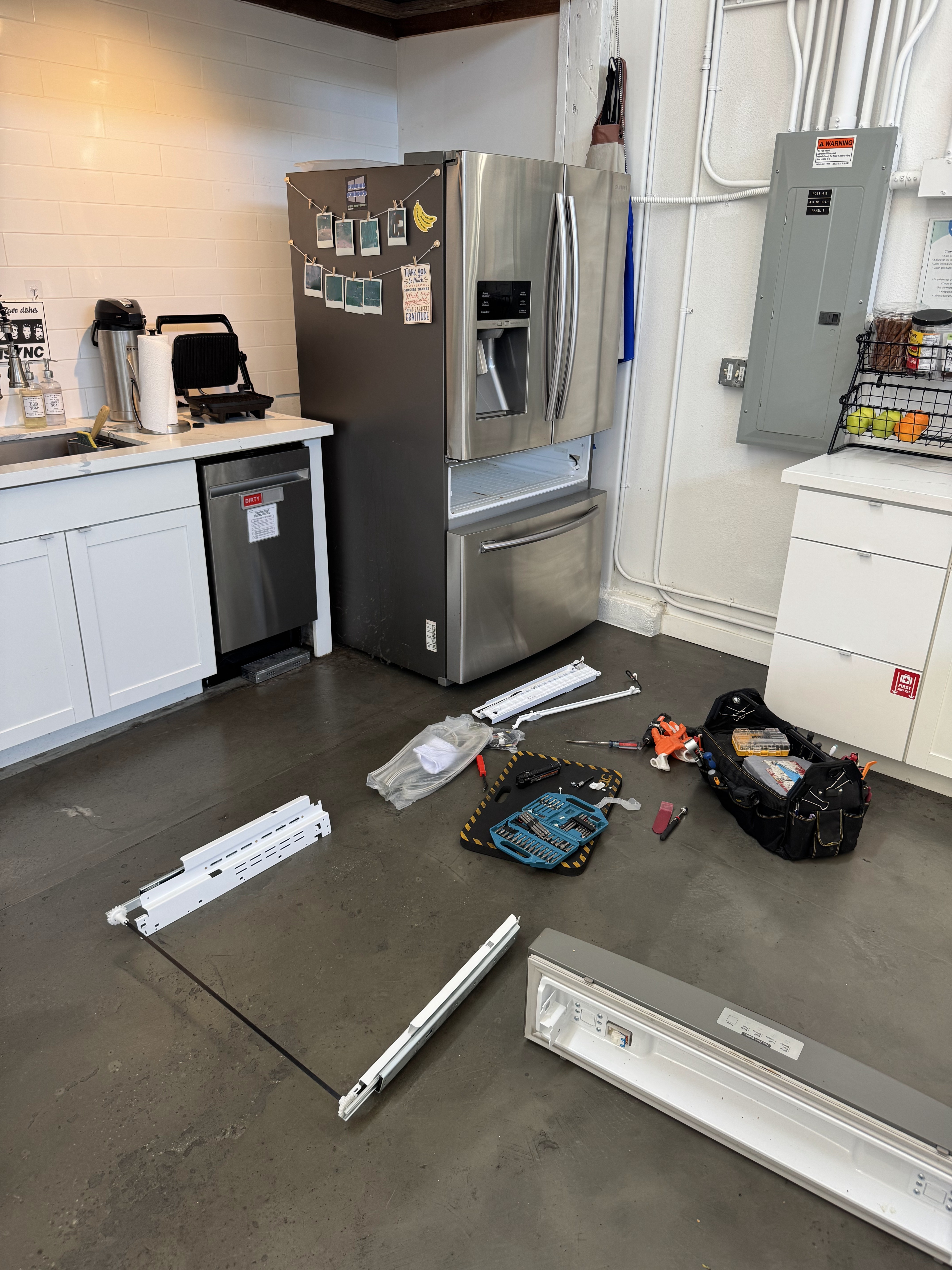 Samsung refrigerator disassembled for flex-zone wiring harness replacement in Portland, OR 97232