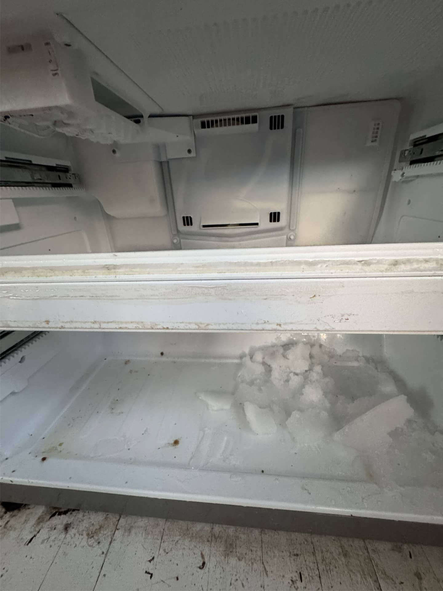 Ice buildup inside LG refrigerator freezer before defrost heater replacement in Portland, OR 97212