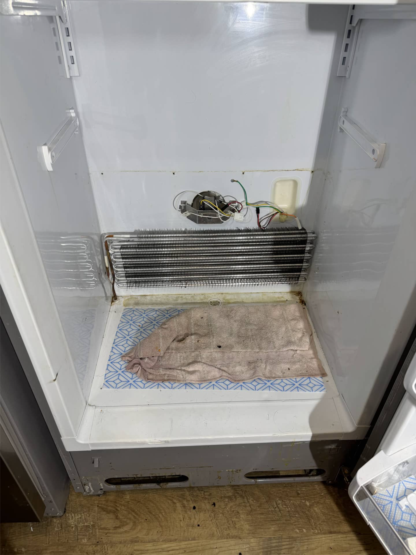 Frigidaire refrigerator evaporator exposed during leak repair in La Center, WA 98629