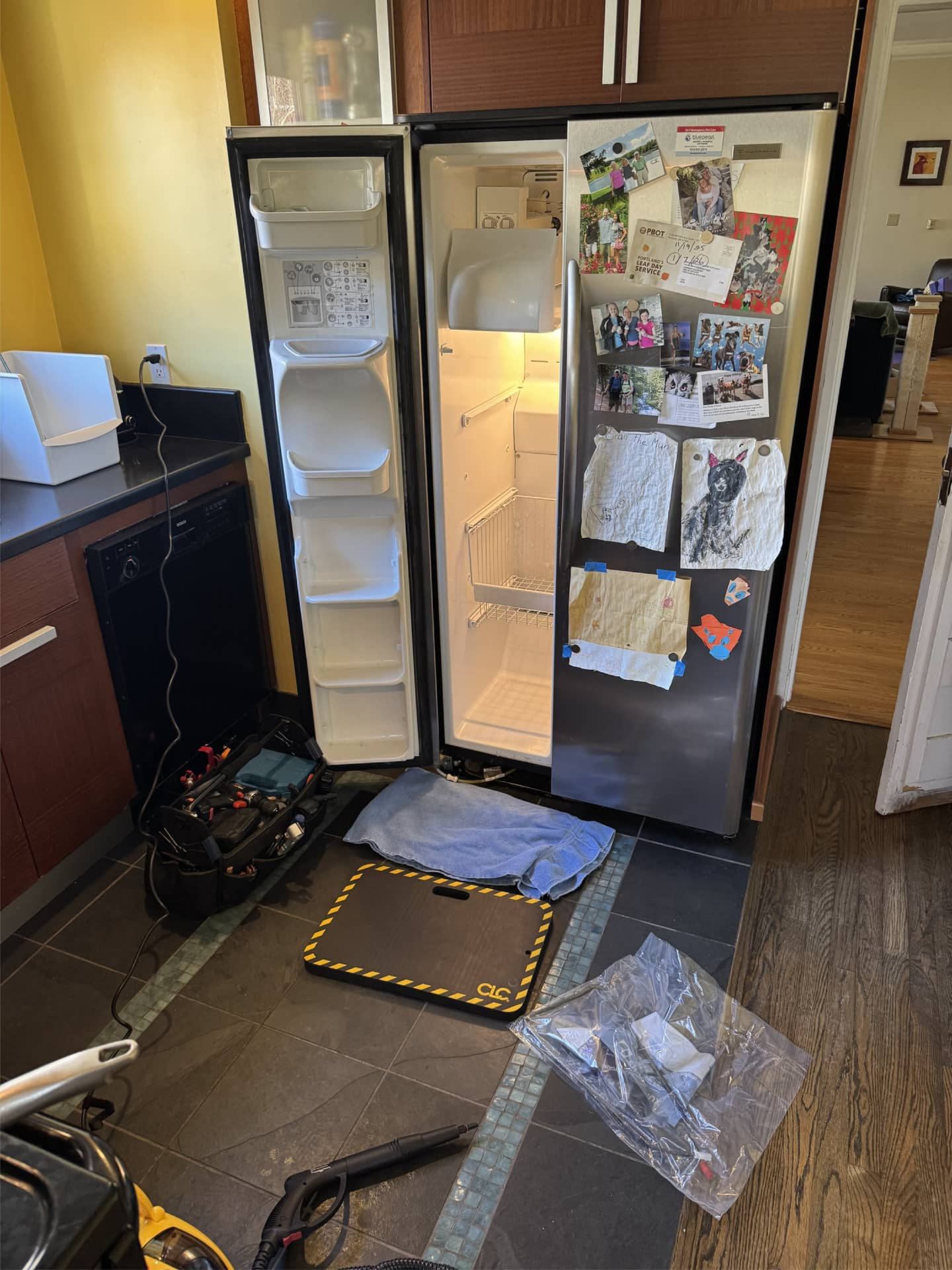 Frigidaire refrigerator opened for not cooling diagnosis in Portland, OR 97213